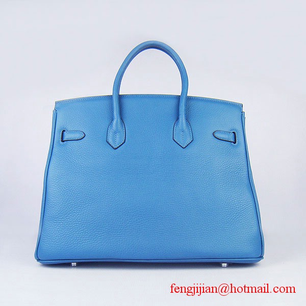 Hermes 35cm Embossed Veins Leather Bag Bule 6089 Silver Hardware